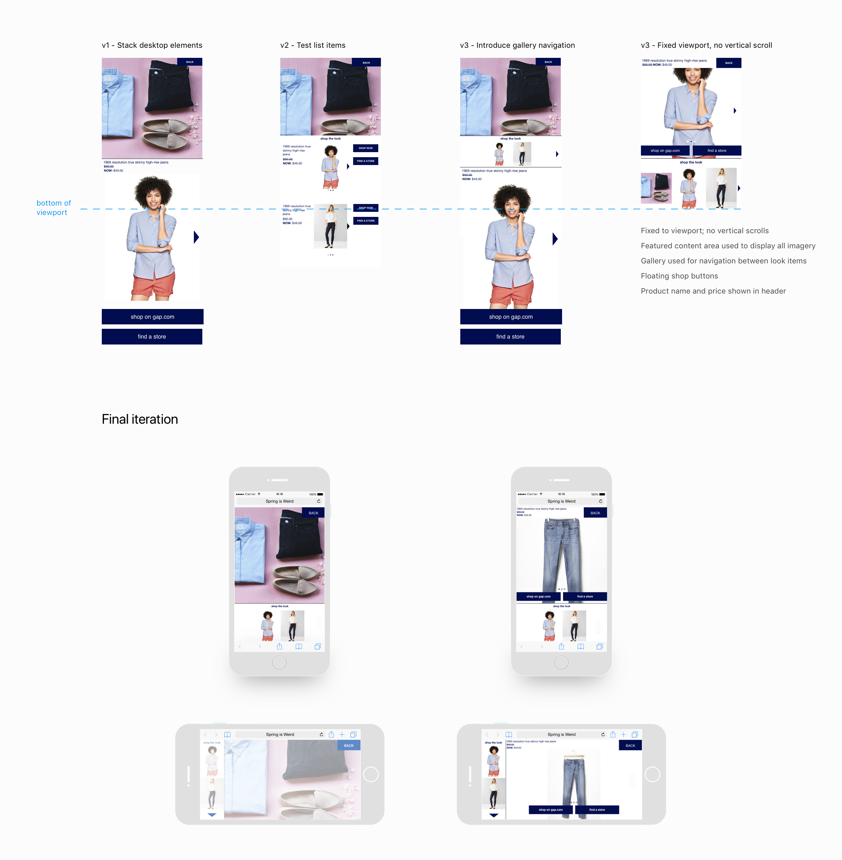 mock ups showing iterationso of the shop the look layout on mobile